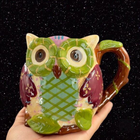 Pier 1 Ceramic Large Owl Coffee Cup Mug Multicolor Bird Whimsical 4.5”T 6”Wide - Picture 1 of 11